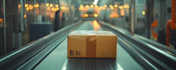 Poster - A close-up view of a package on a conveyor belt in a busy logistics center, highlighting the shipping process and efficiency.