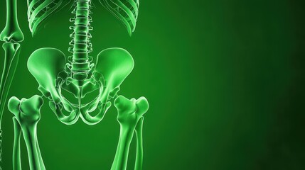Illustration of a human skeleton in green tones on a dark background, showcasing the pelvic region and spine anatomy.