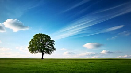Poster - A tree stands in a field of grass with a clear blue sky above.
