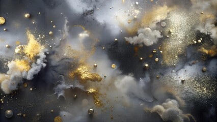 Elegant abstract composition with clouds and gold details on a dark background and copy space
