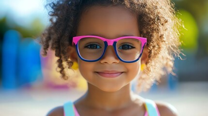 Happy child with curly hair wearing pink glasses smiling outdoors on a sunny day.