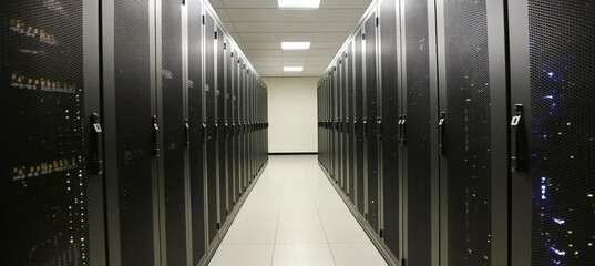 Poster - Modern Data Center with Rows of Black Server Racks, Network Equipment, and Data Storage.