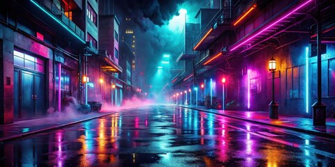 Neon lights illuminate a wet city street, reflecting vibrant colors in puddles after a recent rain shower.