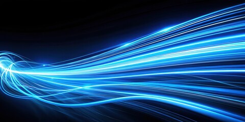 Abstract blue light streaks and waves on a dark background creating a dynamic and futuristic design