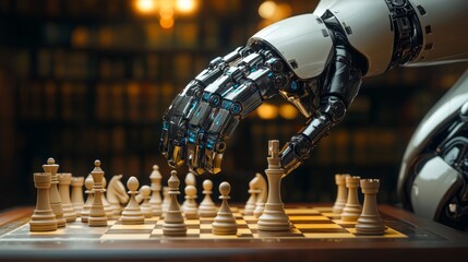 Poster - A robot hand is playing a game of chess with a human hand