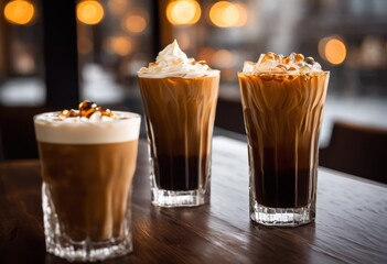 artistic presentation iced coffee clear glass showcasing luscious condensation refreshing layers, cold, brew, summer, beverage, chilled, drink, creamy