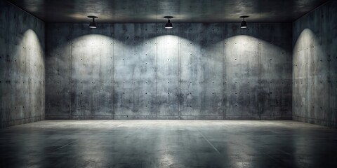 A stark, minimalist concrete room with three overhead lights casting shadows on the rough surface