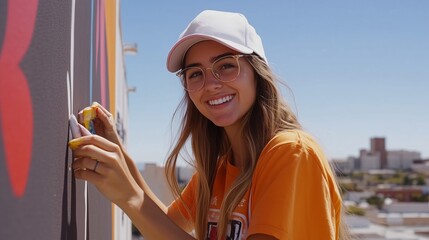 Sticker - Young woman painting a colorful mural on a city building while enjoying a sunny day in an urban setting