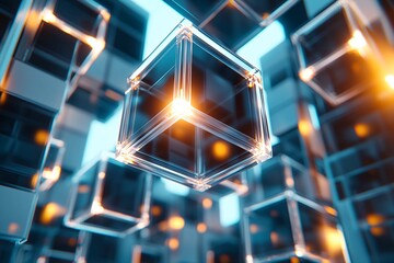 Poster - Abstract Glass Cubes with Orange Glowing Lights Futuristic Technology Background