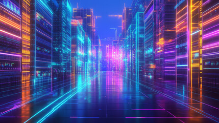Poster - 3D rendering of a neon-glowing futuristic city street with digital holograms 