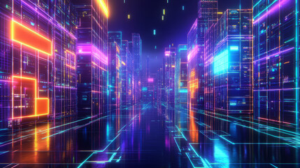 Poster - 3D rendering of a neon-glowing futuristic city street with digital holograms 