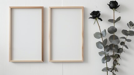 Two wooden frames mockup with black roses and eucalyptus branches. Funeral mourning borders template advertising image. Bereavement obituary photoframes mock up photorealistic