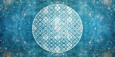 A vintage, abstract design of a circular pattern with a blue textured background and white splatter paint.