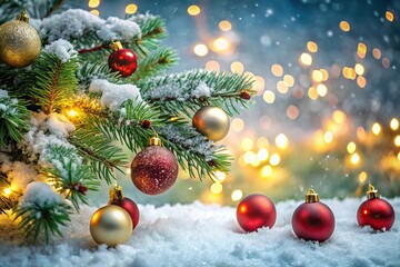 Snow covered Christmas tree branch reflected in decorations and lights