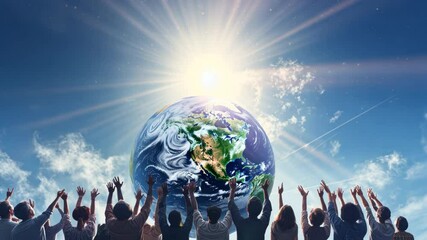 Aufkleber - A group of people are holding hands and praying in front of a large globe. Concept of unity and hope for a better future