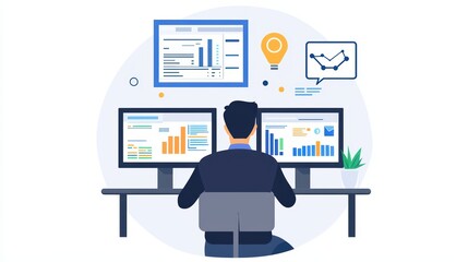 Poster - A person analyzing data on multiple computer screens with graphs and charts, illustrating modern data management.