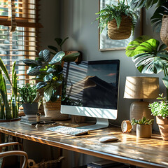 Contemporary home office setup with a computer, plants, and stylish accessories in a bright