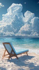 Poster - A blue beach chair is sitting on the sand near the ocean