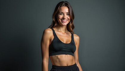 A portrait of a young woman in a black sports bra and matching leggings. She is smiling and looking directly at the camera. The background is a solid, grey wall.