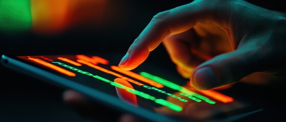 Close-up of a hand interacting with a glowing touchscreen device in a dimly lit environment.