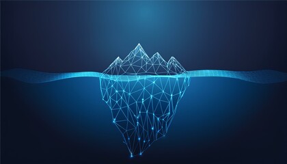  Abstract digital iceberg. Water surface on a dark night background. Ice underwater and mountain. Technology low poly wireframe glacier in the ocean. Polygonal geometric vector illustration. Tech bg.