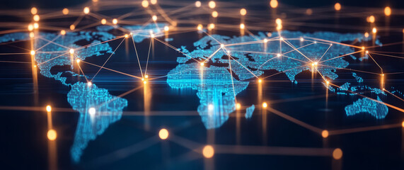 Poster - Abstract global network concept with a world map and glowing connections 