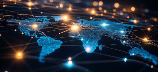 Poster - Abstract global network concept with a world map and glowing connections 