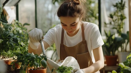 Wall Mural - A gardener tending to plants in a bright greenhouse during the day, mixing soil with care for healthy growth