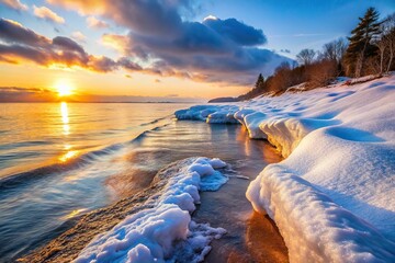 Wall Mural - snowy shoreline of lake superior with sunset reflection
