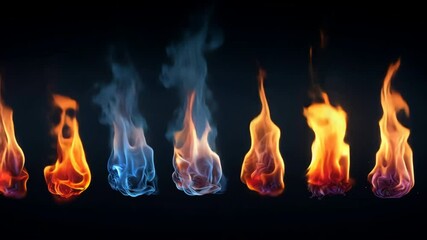 Aufkleber - Fiery Elements: A dramatic composition featuring a series of flames in various colors and shapes, set against a black background. The flames dance and flicker.