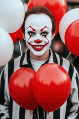 Creepy clown with red and white balloons in striped costume – Halloween – horror – circus theme