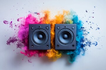 Two audio speakers surrounded by colorful smoke exploding with sound