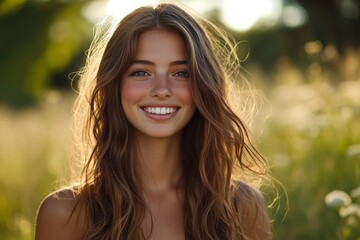 Beautiful woman smiling outdoors with long hair flowing in the wind