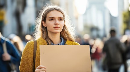 Mockup of female holding an empty cardboard sign in a busy street, ideal for mockup purposes related to activism, protests, or social campaigns, with blurred background, copy space, selective focus
