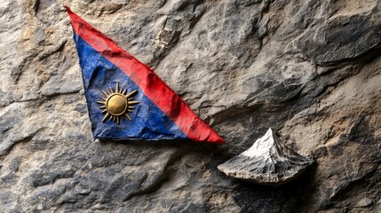 A red, blue, and gold flag with a sun symbol and a miniature mountain sculpture on a rough, gray stone wall.