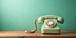 © Theerawat - A vintage rotary phone with a green body and a coiled cord resting on a wooden surface against a mint green wall.