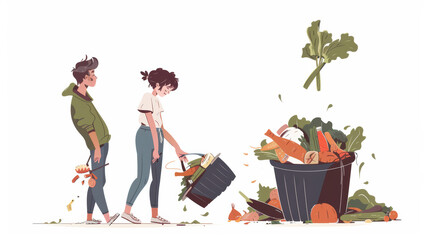 two people are discarding vegetables into trash bin, highlighting food waste and environmental conce