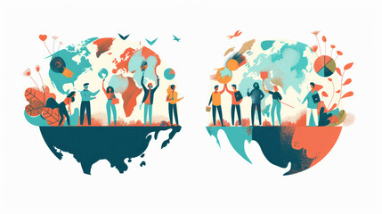 vibrant illustration depicting diverse people collaborating on global scale, symbolizing unity and teamwork across continents. artwork conveys sense of hope and community