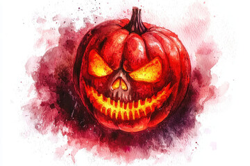 A sinister, glowing Halloween pumpkin with a skull face, set against a vibrant, abstract background of reds and oranges.