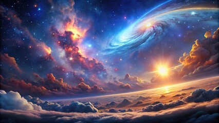 Space scene background with galaxy nebula clouds, worm's eye view