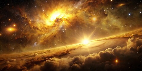 Canvas Print - space scene with golden tones featuring nebula and galaxy