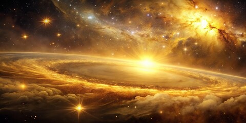 Canvas Print - space scene with nebula and galaxy in golden tones