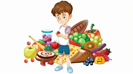 young boy stands with worried expression, holding strawberry, surrounded by colorful array of fruits, vegetables, and snacks. This illustration captures contrast between healthy and unhealthy food