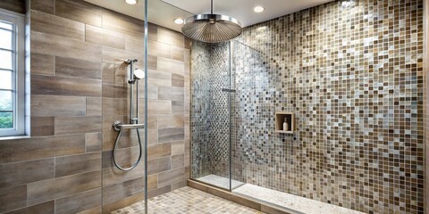 Spacious mosaic shower with contemporary chrome accents high angle