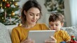 © ryker - mother and her child are joyfully browsing online stores for holiday gifts, surrounded by festive decorations. warm atmosphere enhances their bonding moment