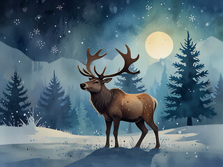 Ethereal Watercolor Winter Scene with Majestic Reindeer Gazing Dreamily Amidst Falling Snowflakes Against Blue Misty Background paper cut style illustration