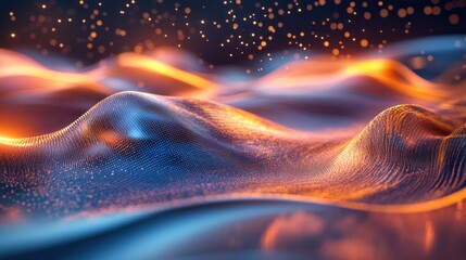 Poster - Abstract Digital Landscape with Orange and Blue Hues and Glowing Particles