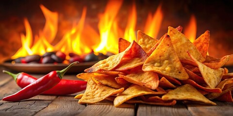 Wall Mural - spicy nacho chips with fiery background depth of field