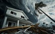 © JP STUDIO LAB - Florida home damaged after a storm, fallen palm fronds and debris scattered around, dark clouds looming, capturing the aftermath of intense weather