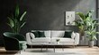 © Lal - Green chair, white couch, plants, gray wall in modern living room.